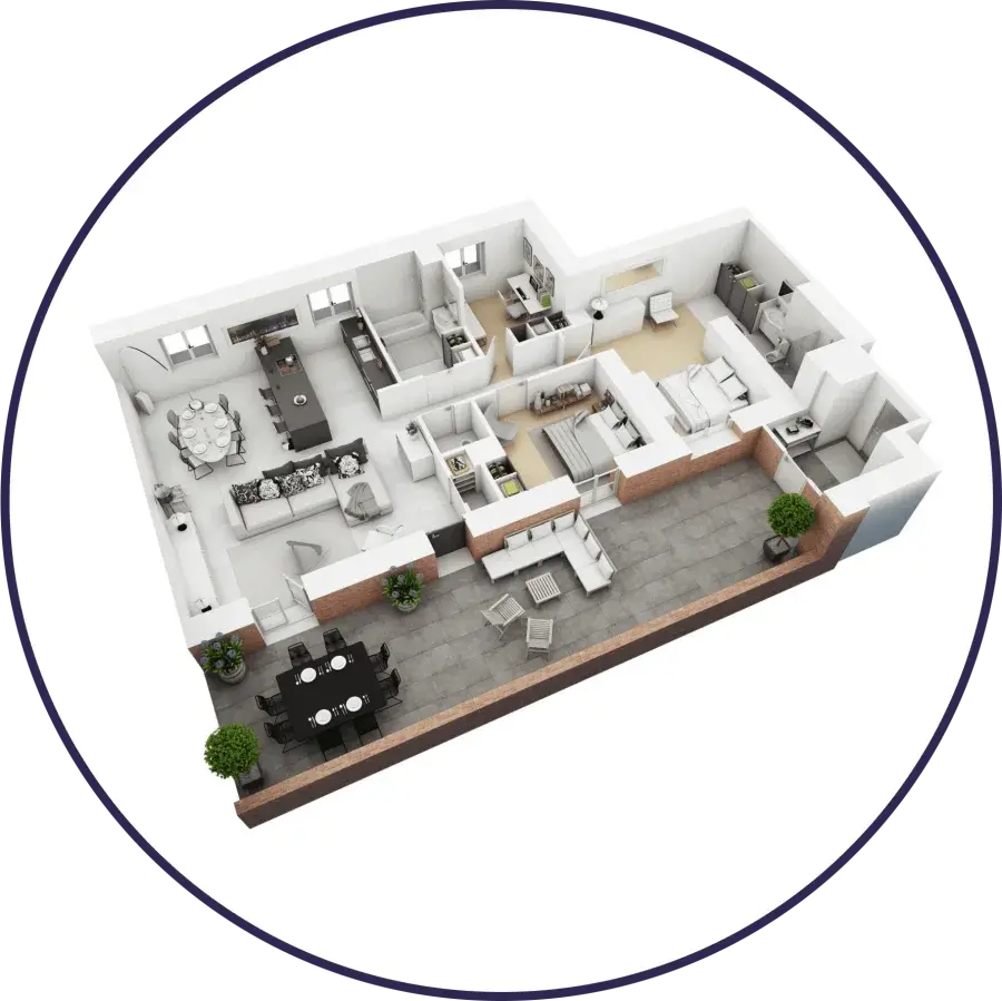 3D floor plan of a home showing the kitchen, living room, bedroom, bathroom, and laundry room CleanieUp cleans in Winter Garden, FL 3D floor plan of a home showing the kitchen, living room, bedroom, bathroom, and laundry room CleanieUp cleans in Winter Garden, FL